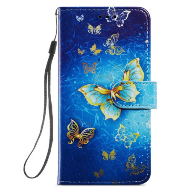 Flip Case Für Samsung Galaxy A34 5G Mit Kordel Goldene Schmetterlinge Mit Riemen