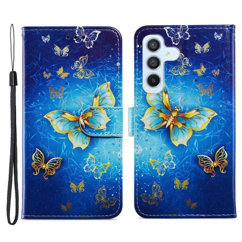 Flip Case Für Samsung Galaxy A34 5G Mit Kordel Goldene Schmetterlinge Mit Riemen