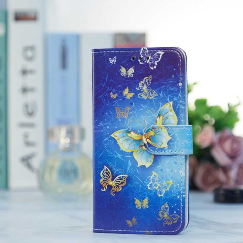 Flip Case Für Samsung Galaxy A34 5G Mit Kordel Goldene Schmetterlinge Mit Riemen