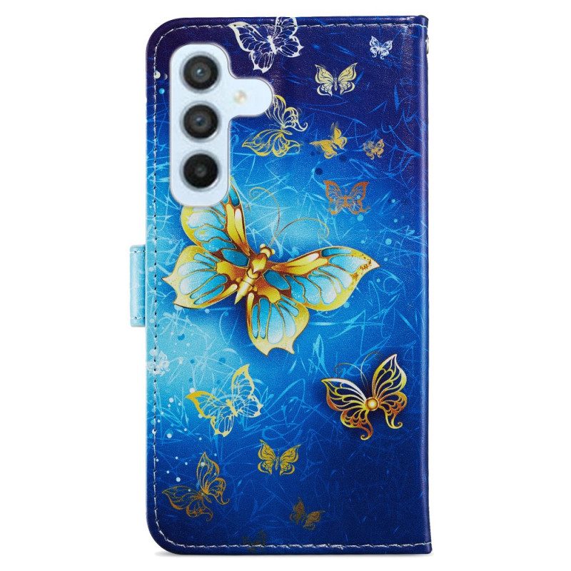 Flip Case Für Samsung Galaxy A34 5G Mit Kordel Goldene Schmetterlinge Mit Riemen