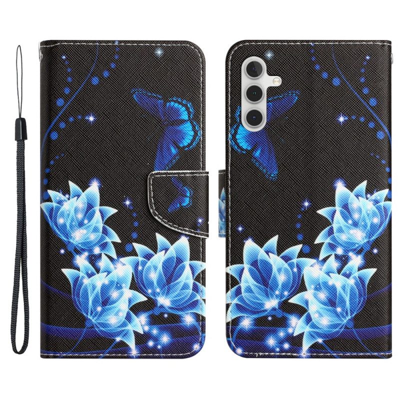 Flip Case Für Samsung Galaxy A34 5G Mit Kordel Hübsche Riemchenblumen