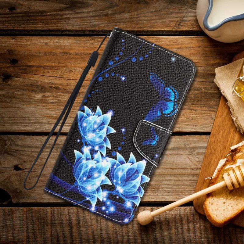 Flip Case Für Samsung Galaxy A34 5G Mit Kordel Hübsche Riemchenblumen