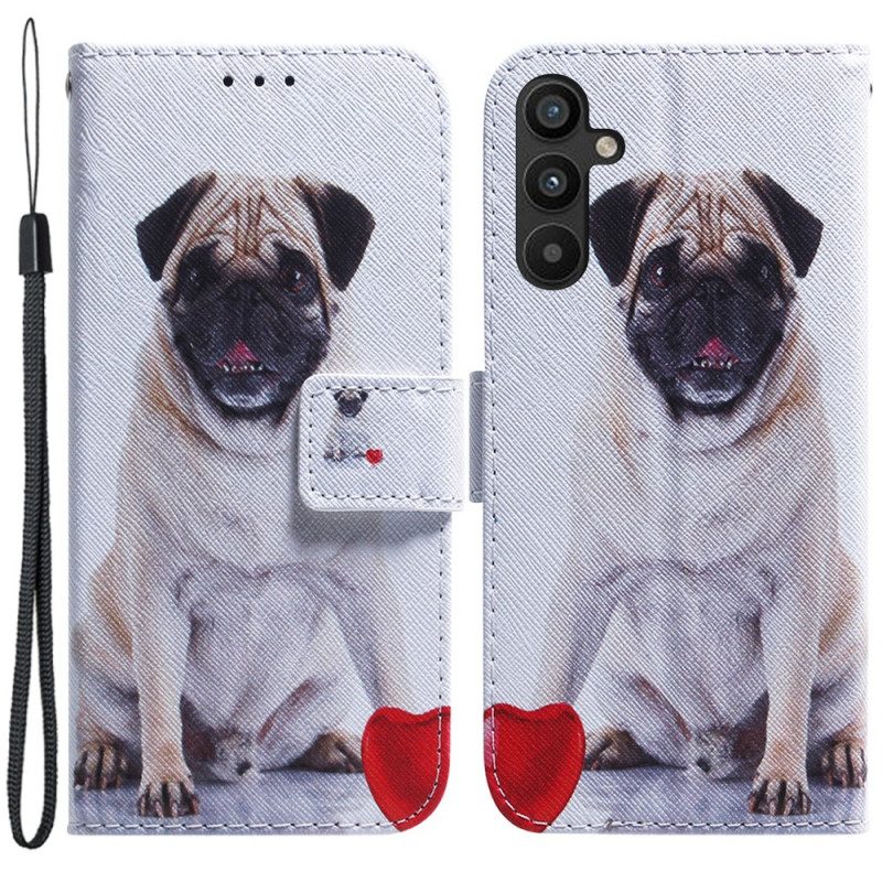 Flip Case Für Samsung Galaxy A34 5G Mit Kordel Lustiger Mops Mit Riemen