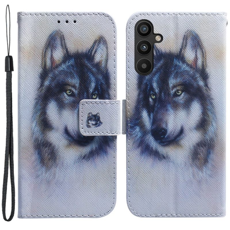 Flip Case Für Samsung Galaxy A34 5G Mit Kordel Riemchen-aquarell-wolf