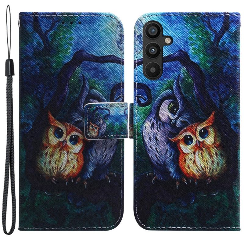 Flip Case Für Samsung Galaxy A34 5G Mit Kordel Riemchen-eulen-malerei