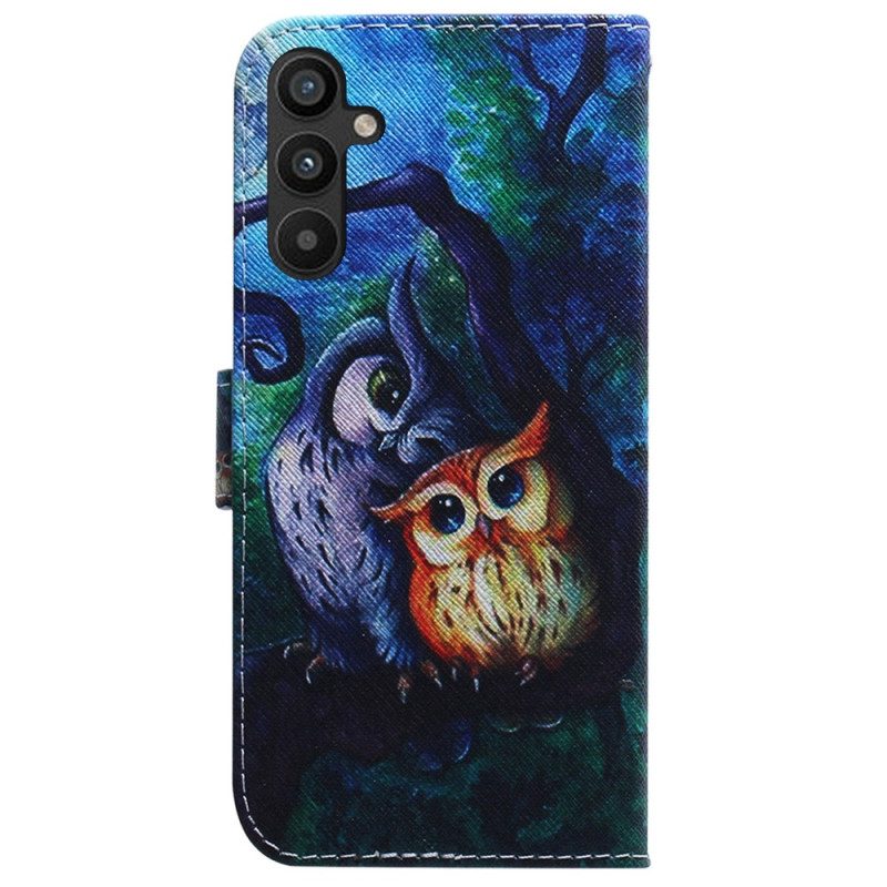 Flip Case Für Samsung Galaxy A34 5G Mit Kordel Riemchen-eulen-malerei