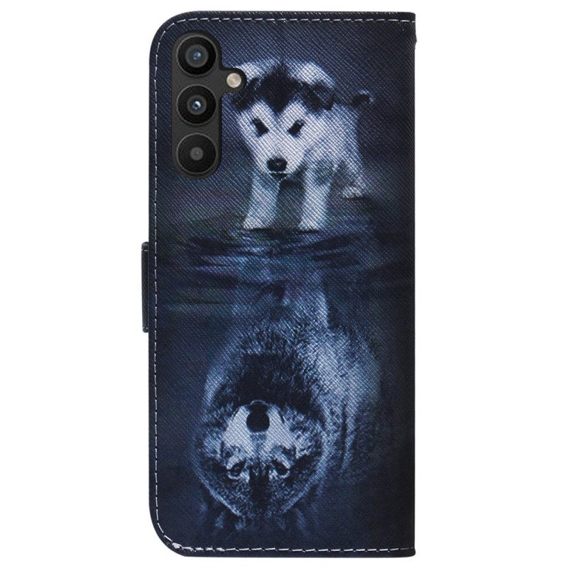 Lederhüllen Für Samsung Galaxy A34 5G Mit Kordel Riemchen-aquarell-wolf