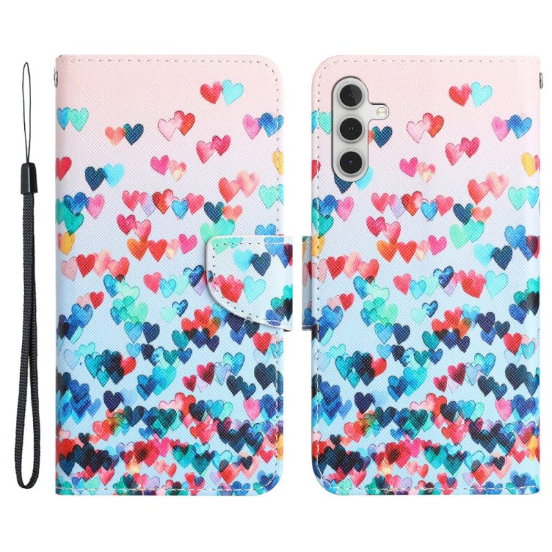 Lederhüllen Für Samsung Galaxy A34 5G Mit Kordel Strappy Hearts Regen