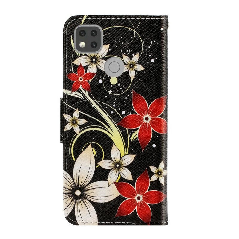 Flip Case Für Xiaomi Redmi 9C Mit Kordel Bunte Riemchenblumen