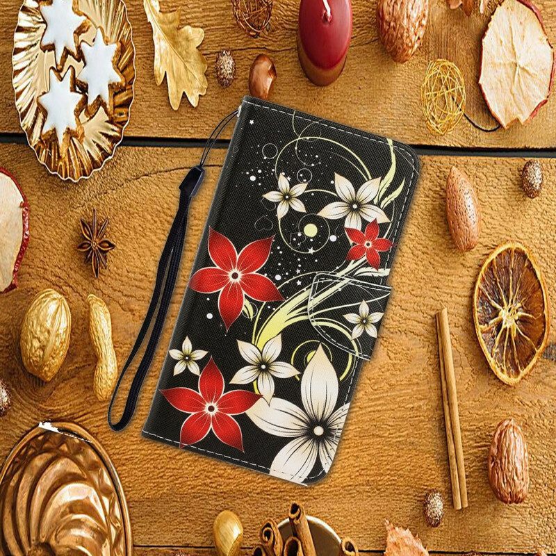 Flip Case Für Xiaomi Redmi 9C Mit Kordel Bunte Riemchenblumen