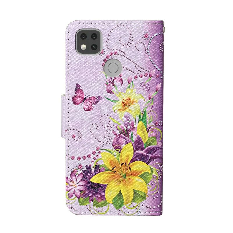 Flip Case Für Xiaomi Redmi 9C Mit Kordel Tanga Mit Südlichen Schmetterlingen Und Blumen