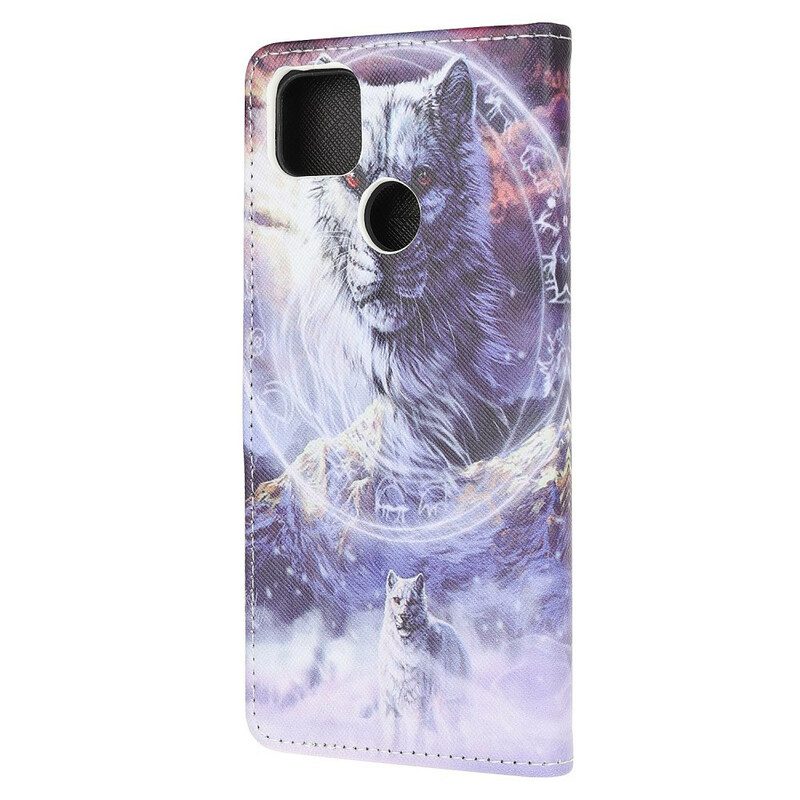 Flip Case Für Xiaomi Redmi 9C Wolf Im Winter Mit Schlüsselband