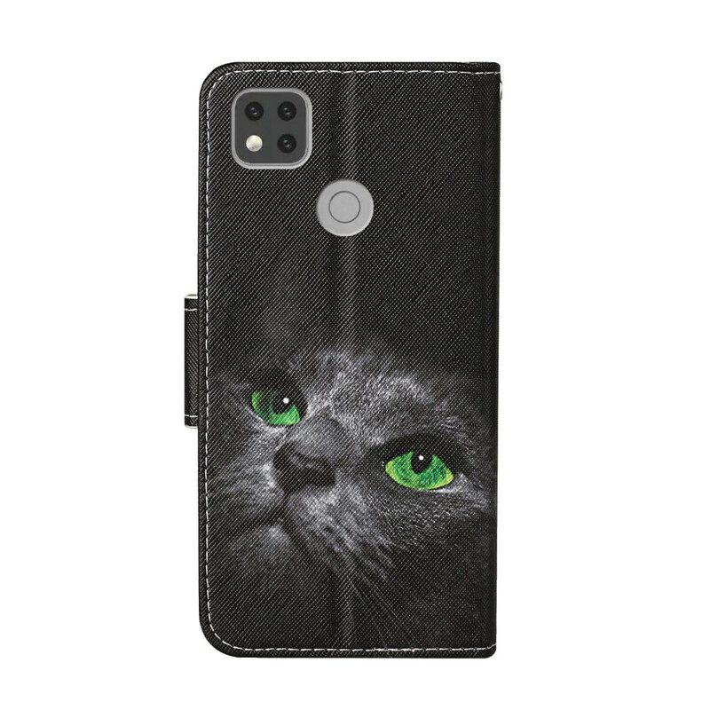 Lederhüllen Für Xiaomi Redmi 9C Grüne Augen Der Schwarzen Katze