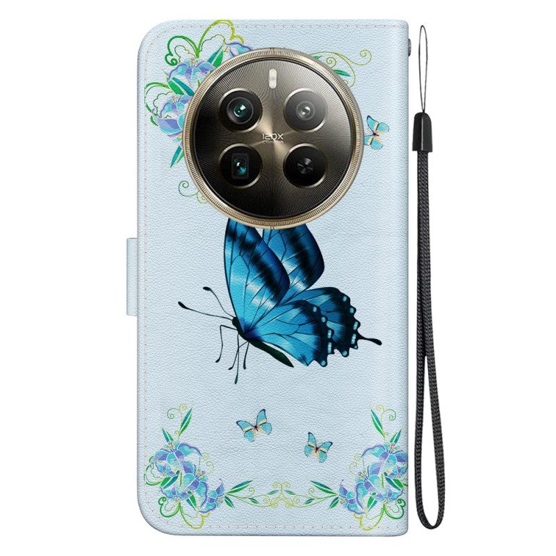 Lederhüllen Für Realme 12 Pro / 12 Pro Plus Blauer Schmetterling Und Blumen Mit Riemen