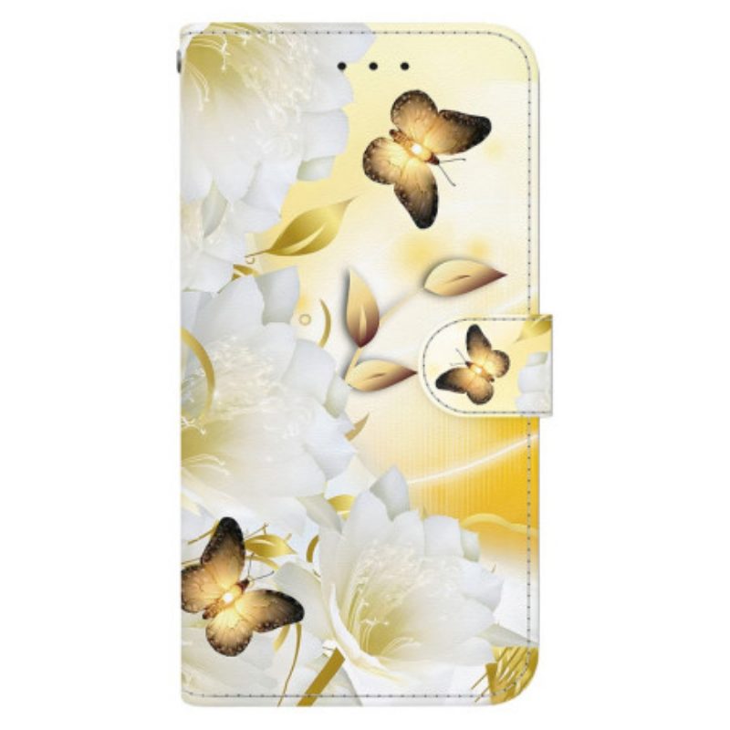 Lederhüllen Für Realme 12 Pro / 12 Pro Plus Goldene Schmetterlinge Und Blumen Mit Riemen