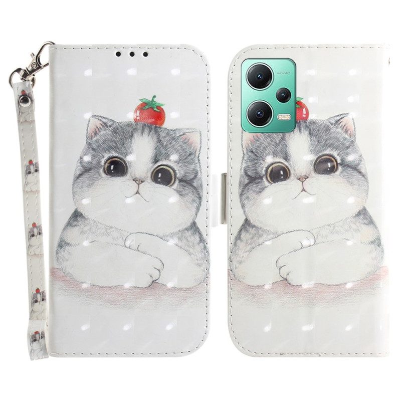 Flip Case Für Xiaomi Redmi Note 12 5G Mit Kordel Graue Katze Mit Riemen