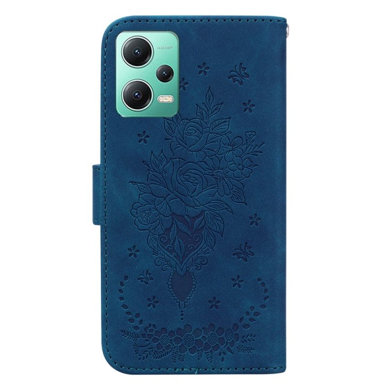 Flip Case Für Xiaomi Redmi Note 12 5G Mit Kordel Riemchenrosen Und Schmetterlinge