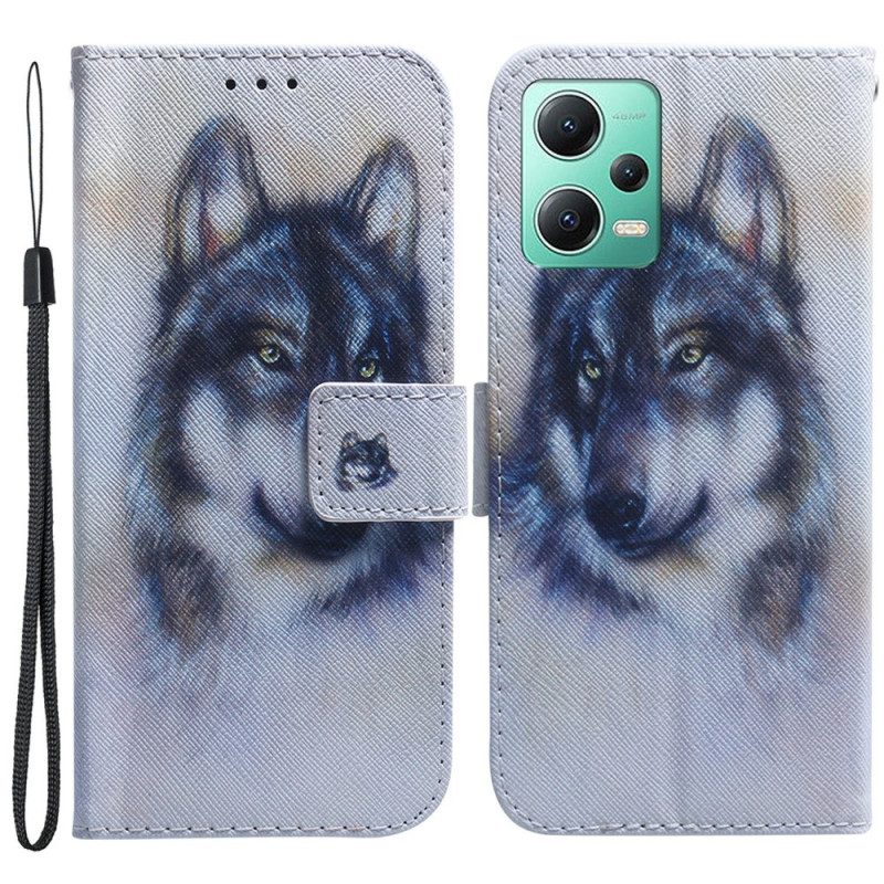 Lederhüllen Für Xiaomi Redmi Note 12 5G Mit Kordel Riemchen-aquarell-wolf