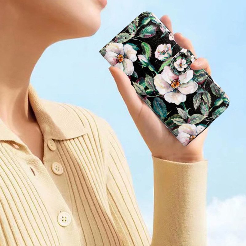 Flip Case Für Moto G73 5G Mit Kordel Riemenmagnolien