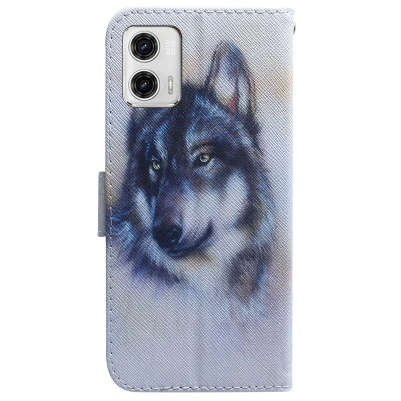 Lederhüllen Für Moto G73 5G Mit Kordel Riemchen-aquarell-wolf