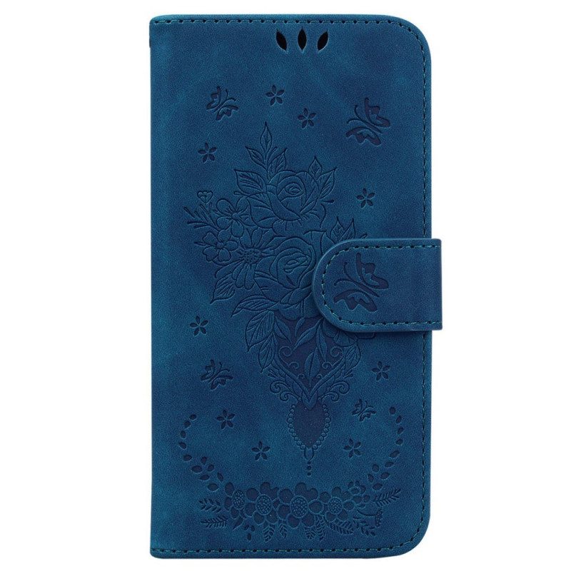 Flip Case Für Samsung Galaxy M13 Mit Kordel Riemchenrosen Und Schmetterlinge