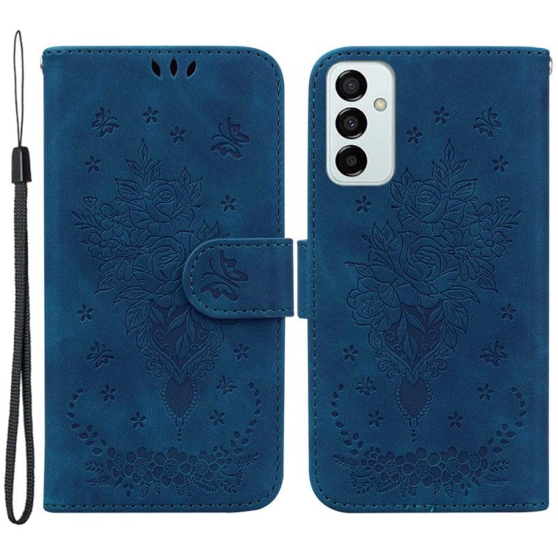 Flip Case Für Samsung Galaxy M13 Mit Kordel Riemchenrosen Und Schmetterlinge