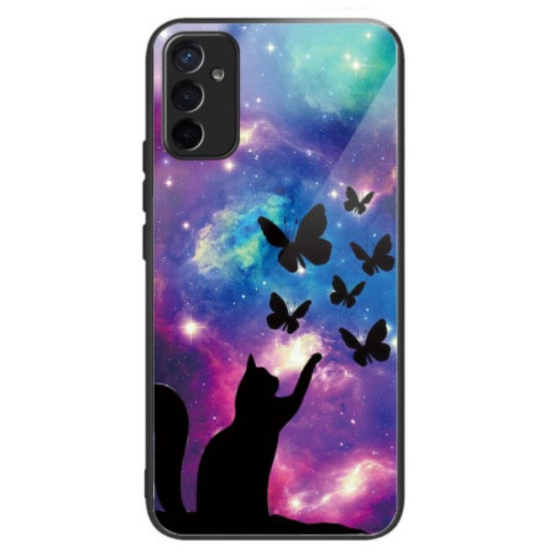 Handyhülle Für Samsung Galaxy M13 Katze Und Schmetterlinge Aus Gehärtetem Glas