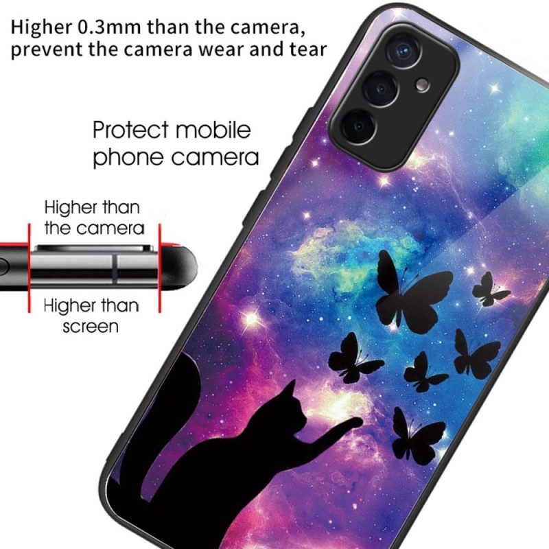 Handyhülle Für Samsung Galaxy M13 Katze Und Schmetterlinge Aus Gehärtetem Glas