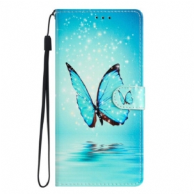 Flip Case Für Samsung Galaxy A54 5G Mit Kordel Blauer Schmetterling Mit Riemen