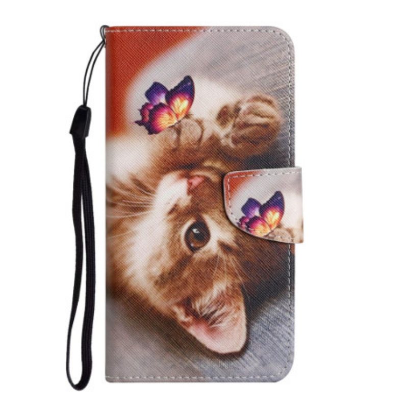 Flip Case Für Samsung Galaxy A54 5G Mit Kordel Katze Und Schmetterling Mit Schlüsselband