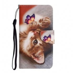 Flip Case Für Samsung Galaxy A54 5G Mit Kordel Katze Und Schmetterling Mit Schlüsselband