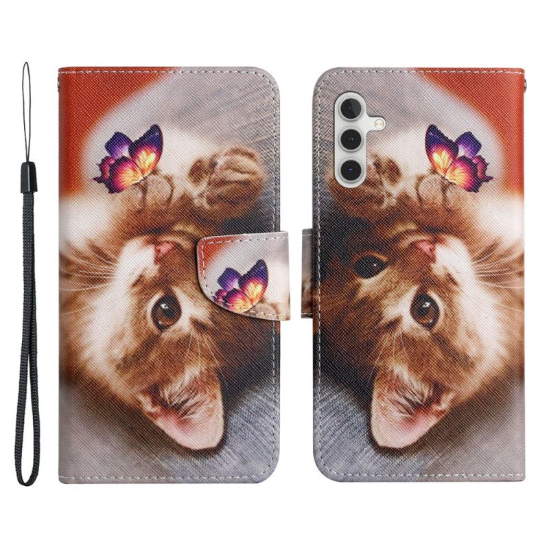 Flip Case Für Samsung Galaxy A54 5G Mit Kordel Katze Und Schmetterling Mit Schlüsselband