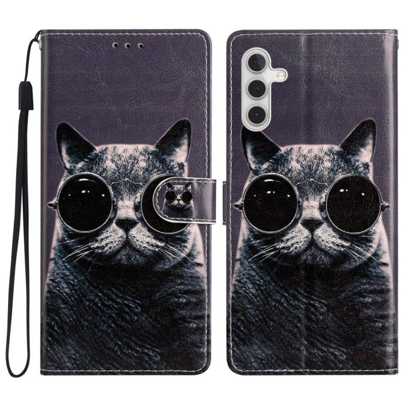 Flip Case Für Samsung Galaxy A54 5G Mit Kordel Katzen-riemenbrille