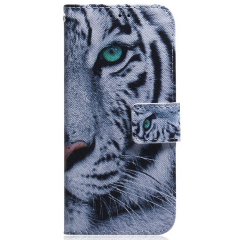 Flip Case Für Samsung Galaxy A54 5G Mit Kordel Riemchenweißer Tiger