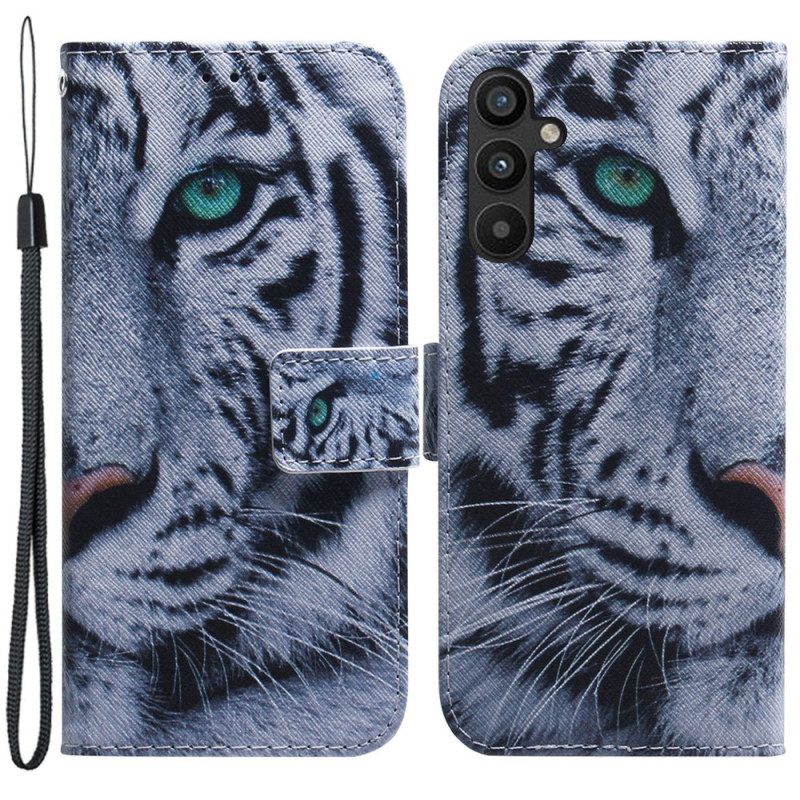 Flip Case Für Samsung Galaxy A54 5G Mit Kordel Riemchenweißer Tiger