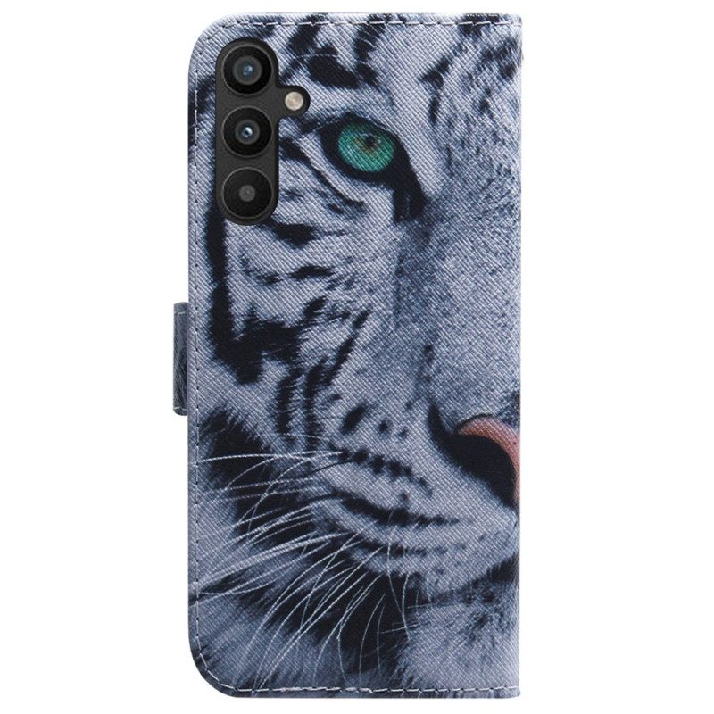 Flip Case Für Samsung Galaxy A54 5G Mit Kordel Riemchenweißer Tiger