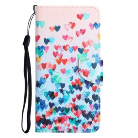 Flip Case Für Samsung Galaxy A54 5G Mit Kordel Strappy Hearts Regen