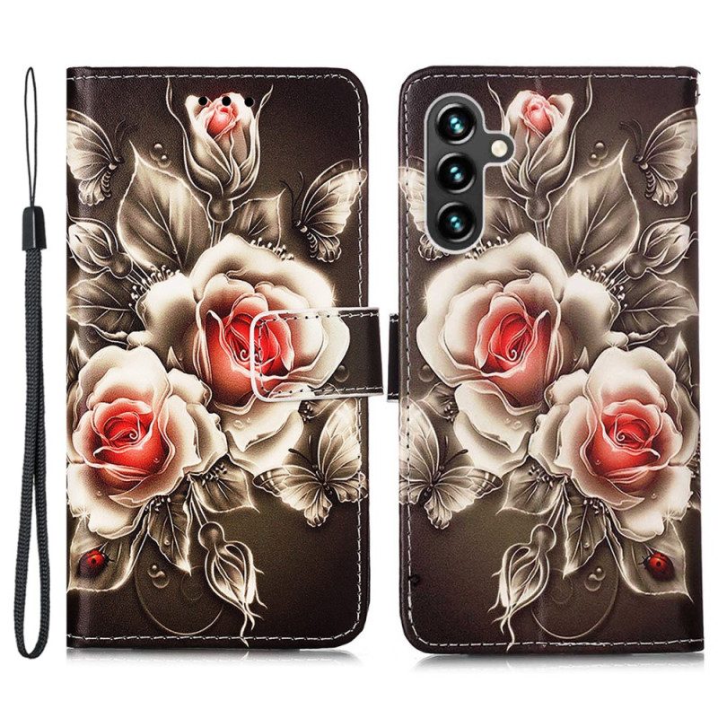 Lederhüllen Für Samsung Galaxy A54 5G Mit Kordel Riemenrosen