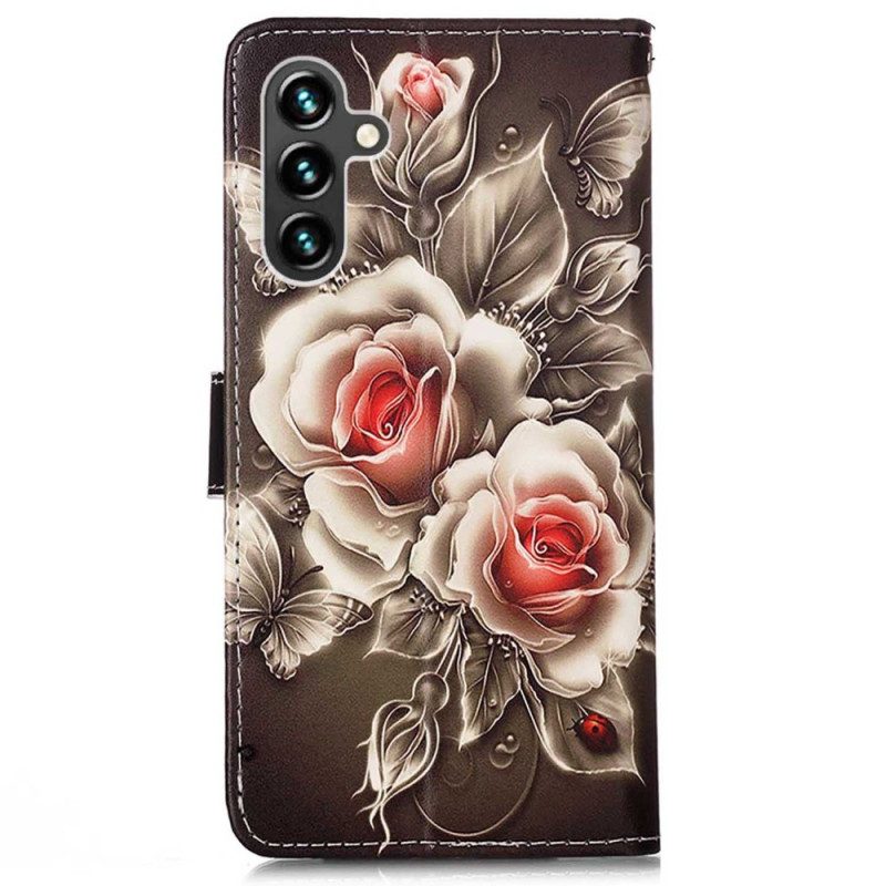 Lederhüllen Für Samsung Galaxy A54 5G Mit Kordel Riemenrosen