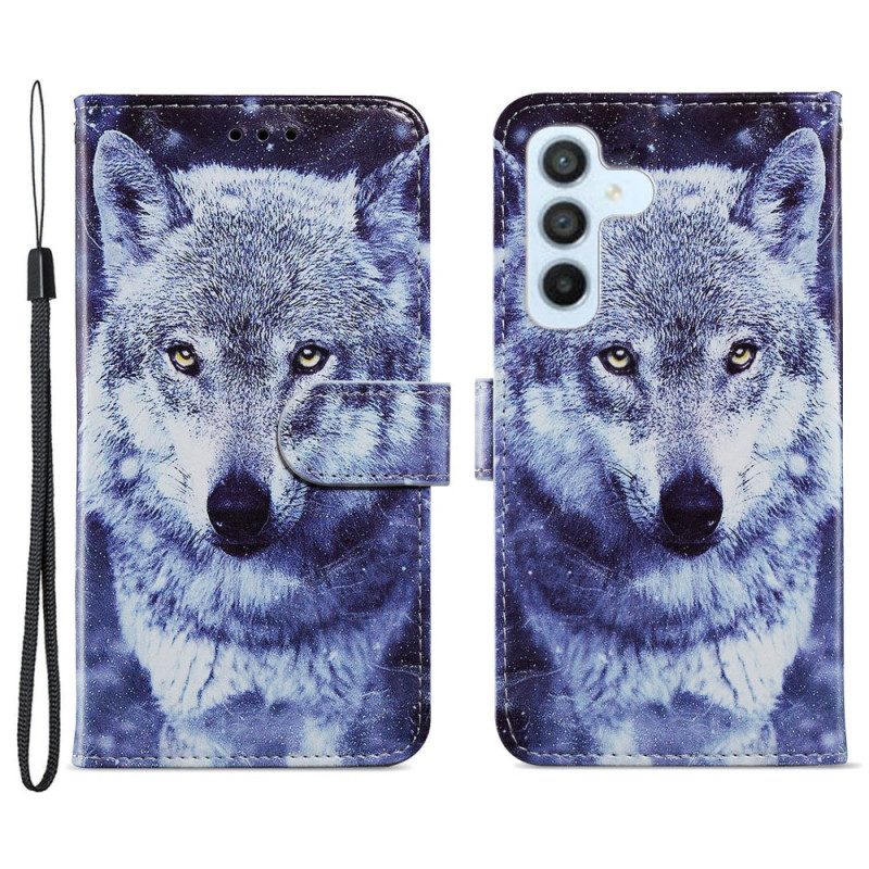 Lederhüllen Für Samsung Galaxy A54 5G Mit Kordel Zarter Wolf Mit Riemen