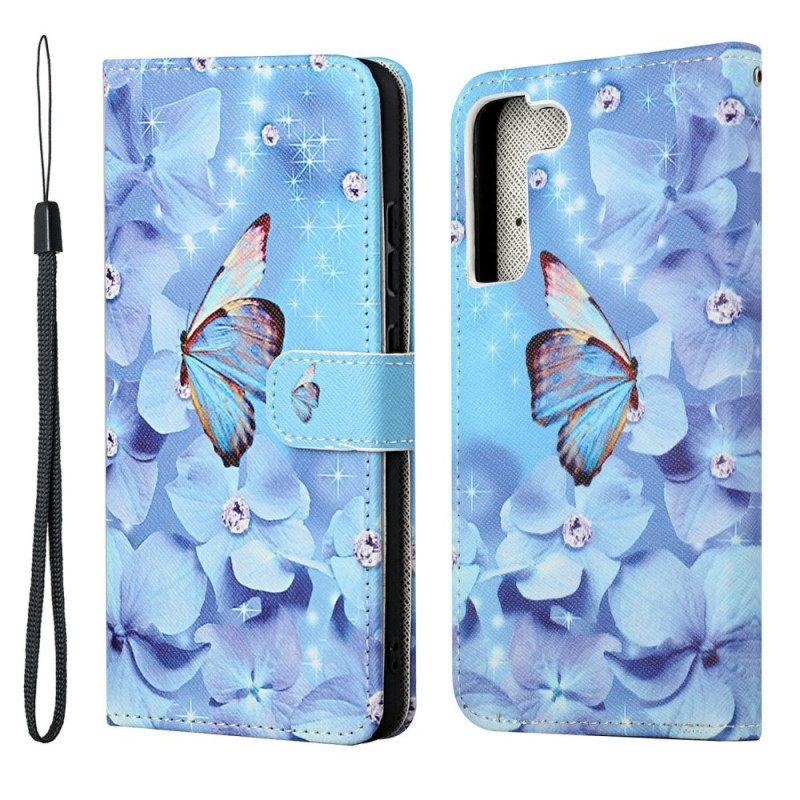 Flip Case Für Samsung Galaxy S22 Plus 5G Mit Kordel Riemchen-diamant-schmetterlinge