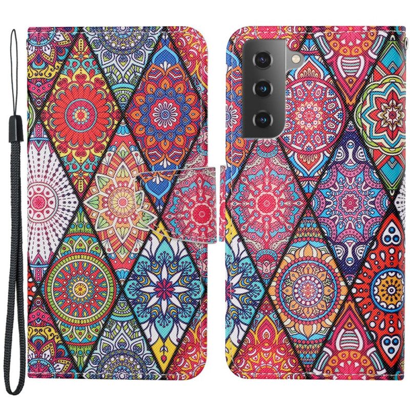 Flip Case Für Samsung Galaxy S22 Plus 5G Patchwork Mit Schlüsselband