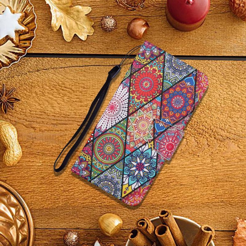 Flip Case Für Samsung Galaxy S22 Plus 5G Patchwork Mit Schlüsselband