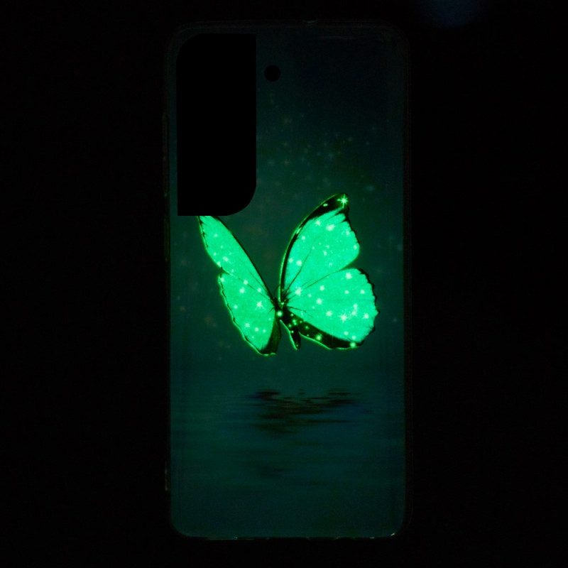 Handyhülle Für Samsung Galaxy S22 Plus 5G Fluoreszierende Blaue Schmetterlinge