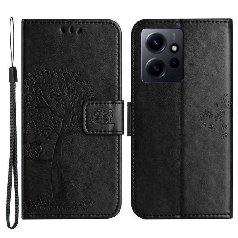 Flip Case Für Xiaomi Redmi Note 12 4G Mit Kordel Baum Und Riemchenkatze