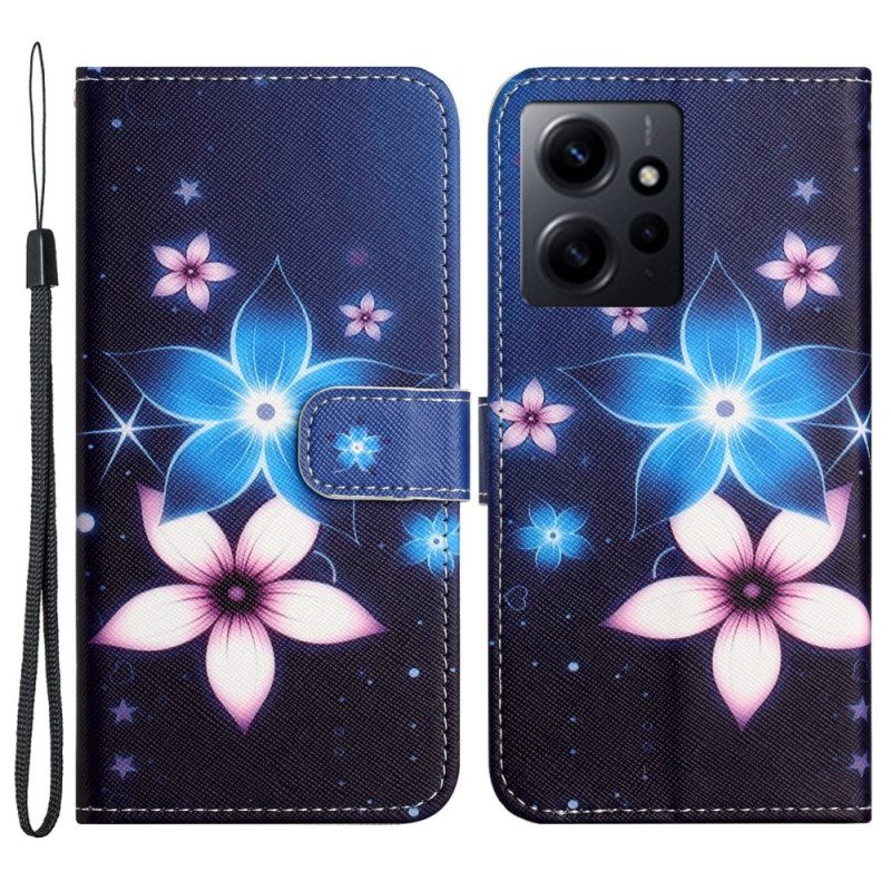 Flip Case Für Xiaomi Redmi Note 12 4G Mit Kordel Mondriemenblumen