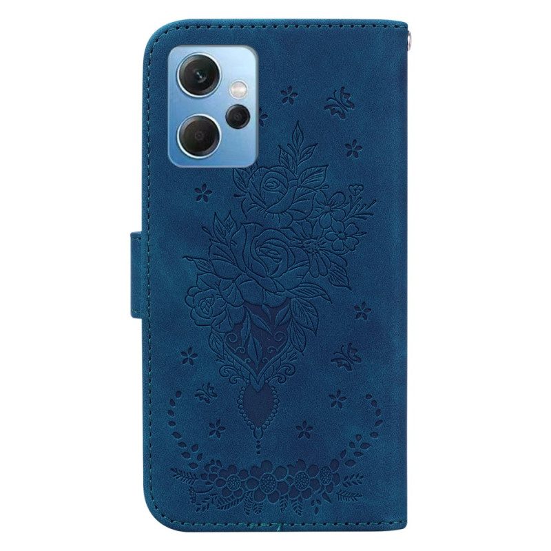 Flip Case Für Xiaomi Redmi Note 12 4G Mit Kordel Riemchenrosen Und Schmetterlinge