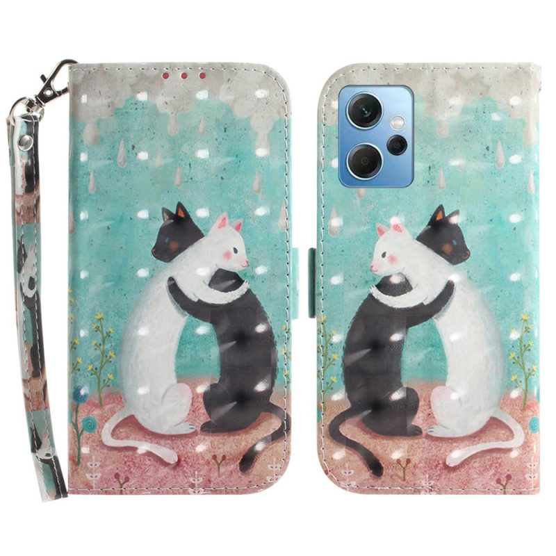 Flip Case Für Xiaomi Redmi Note 12 4G Mit Kordel Weiße Katze. Schwarze Katze Mit Riemen