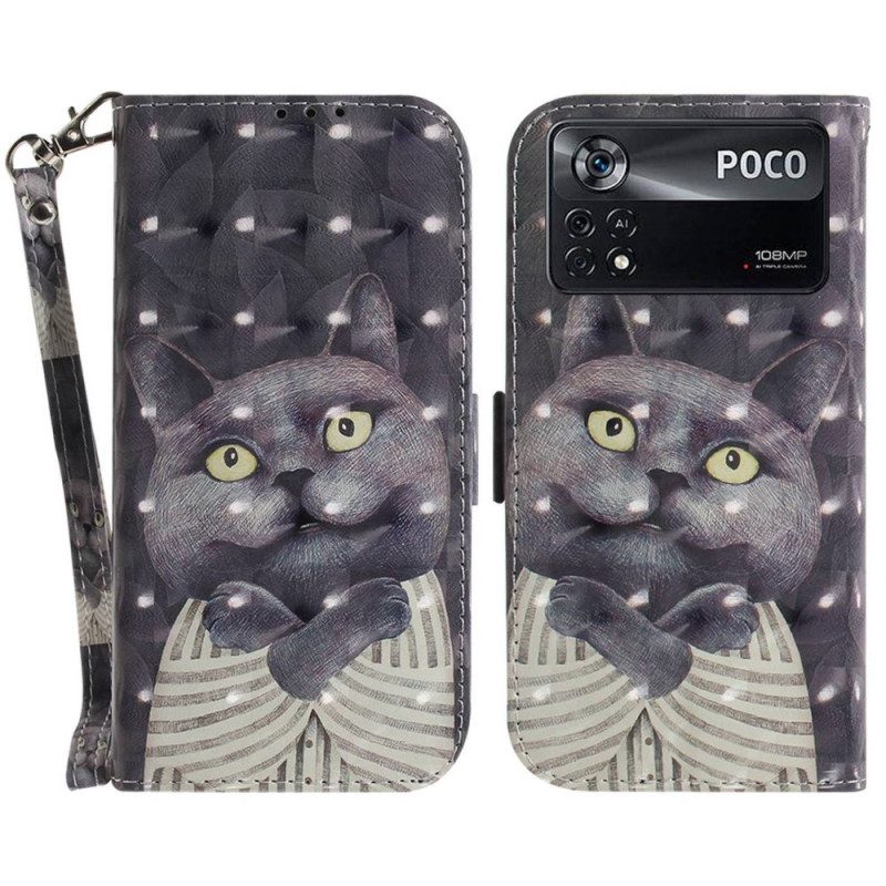 Flip Case Für Poco X4 Pro 5G Mit Kordel Graue Katze Mit Riemen