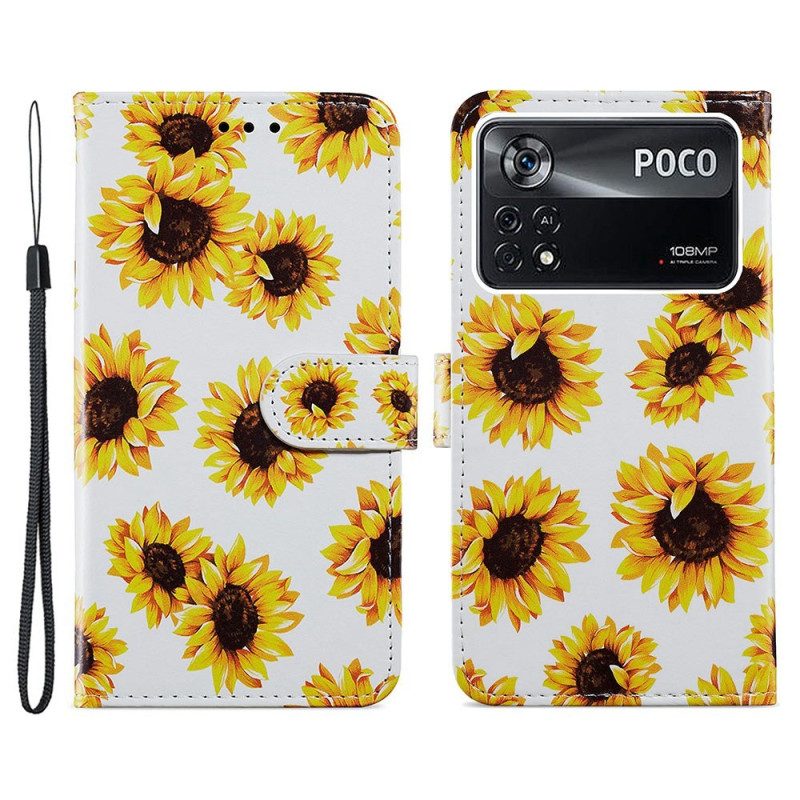 Flip Case Für Poco X4 Pro 5G Mit Kordel Riemenblumen